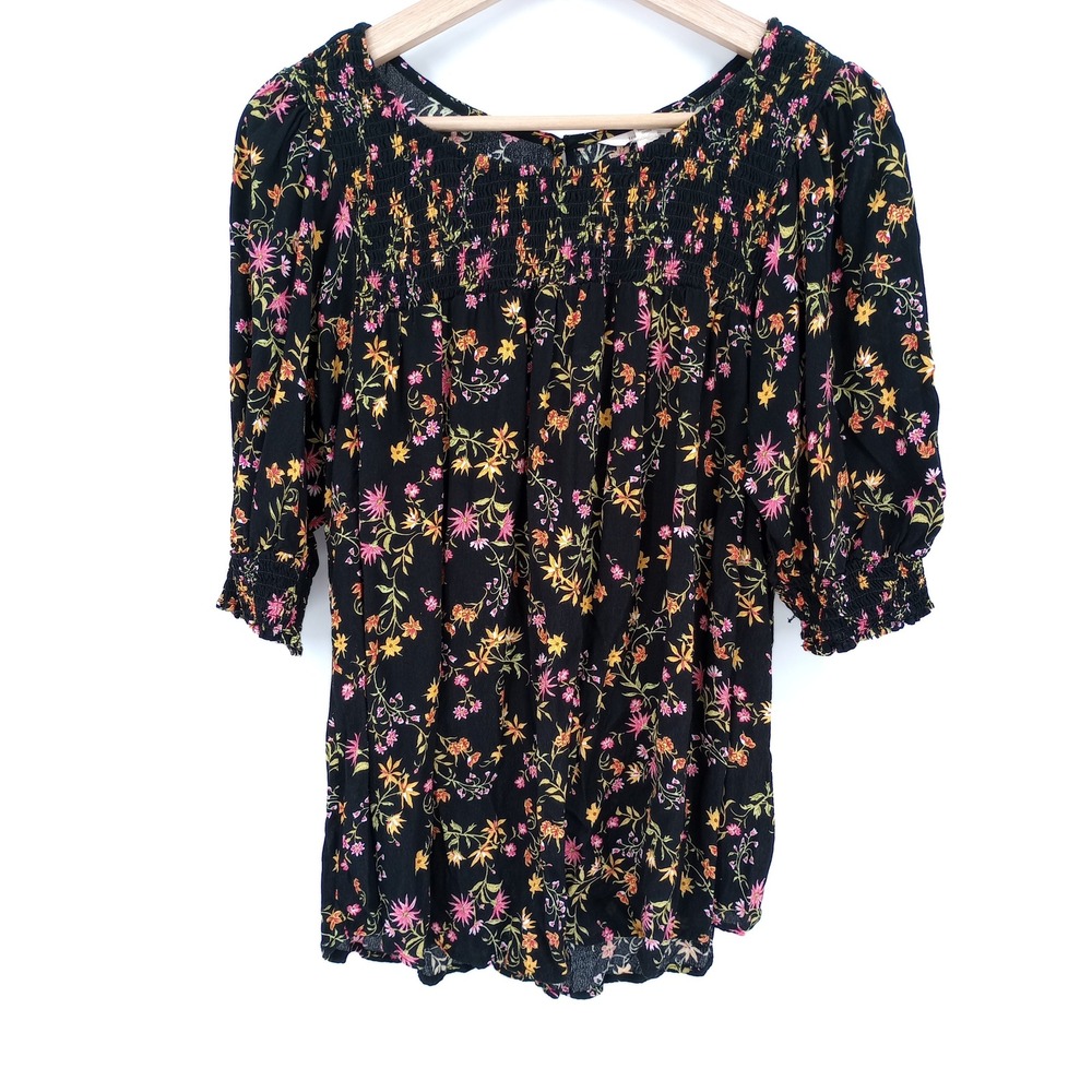 Terra & Sky Peasant Top Women 0X Black Floral Smocked Boho